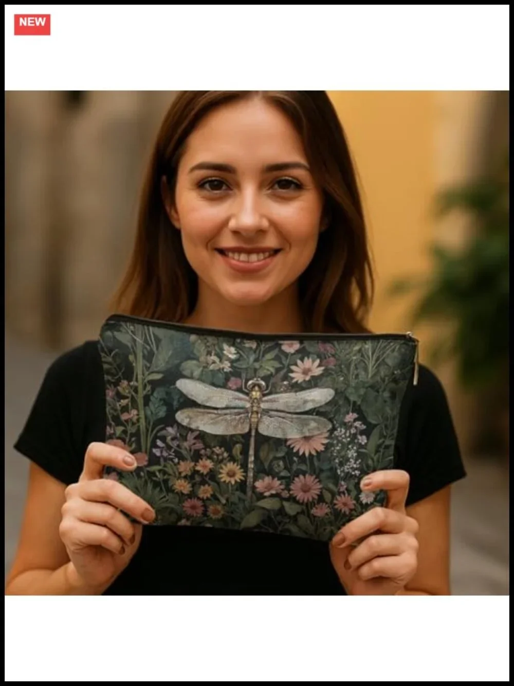 Spacious Waterproof Linen Makeup Bag with Floral Dragonfly Print, Cosmetic